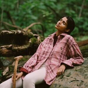 Anthropologie Hudson Berry Pink Plaid Shirt Jacket Gorpcore Size Medium